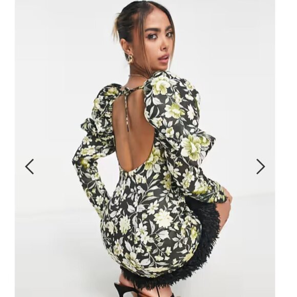 NWT Miss Selfridge Mini Dress With Faux-Fur Trim in Floral Jacquard Size 6 - Picture 3 of 16